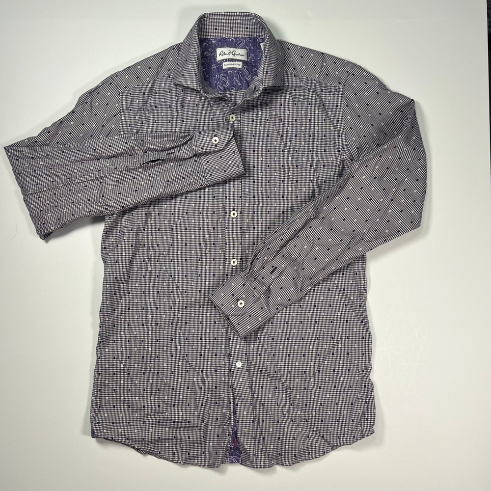 Robert Graham Button Down Shirt Mens 15 Purple Tailored Fit Micro Check Paisley‎